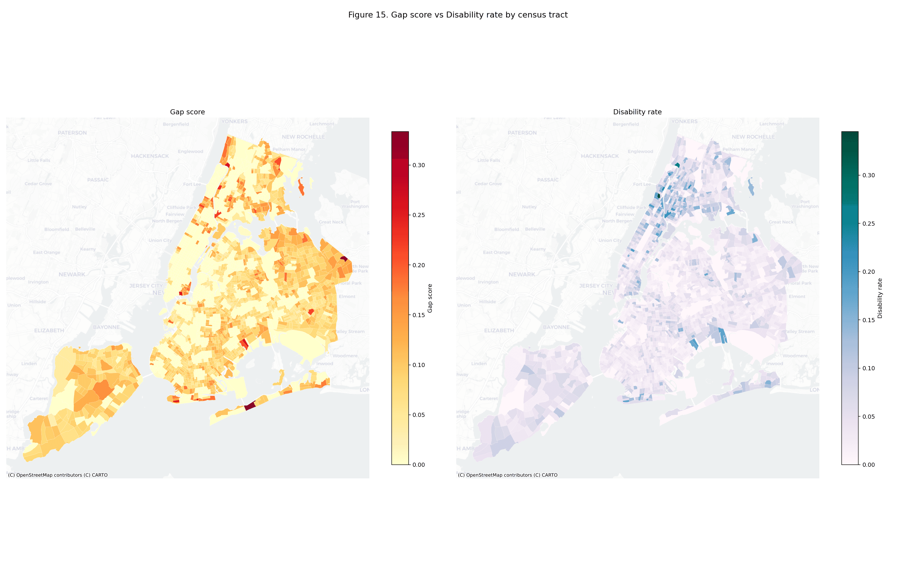 Figure 15 — Side-by-side choropleths of gap score and disability rate. Useful for siting decisions that weight disability independently of poverty despite the correlation.