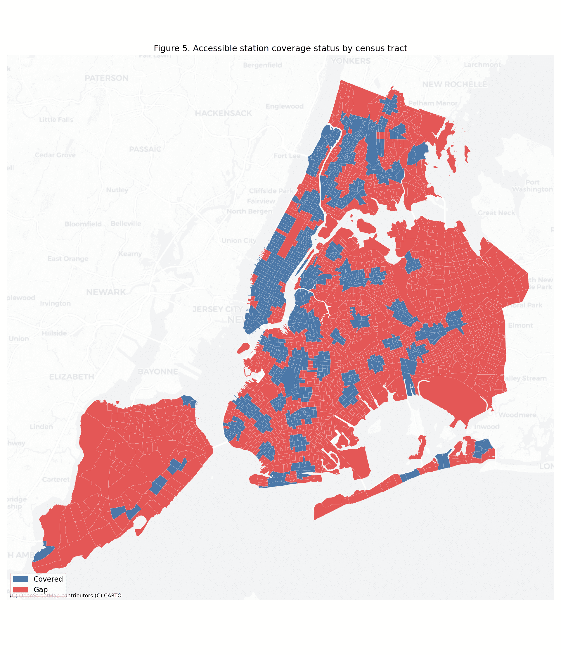Figure 5 — Choropleth of binary coverage status (in-catchment vs. gap tract) at the census-tract level. Complements Figure 4 by isolating the binary coverage geometry from the need-weighted gap score.